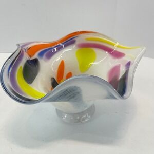 Vtg Murano Style Art Glass Pedestal Bowl Opalescent Ruffled Rim 7" Hand Blown MC
